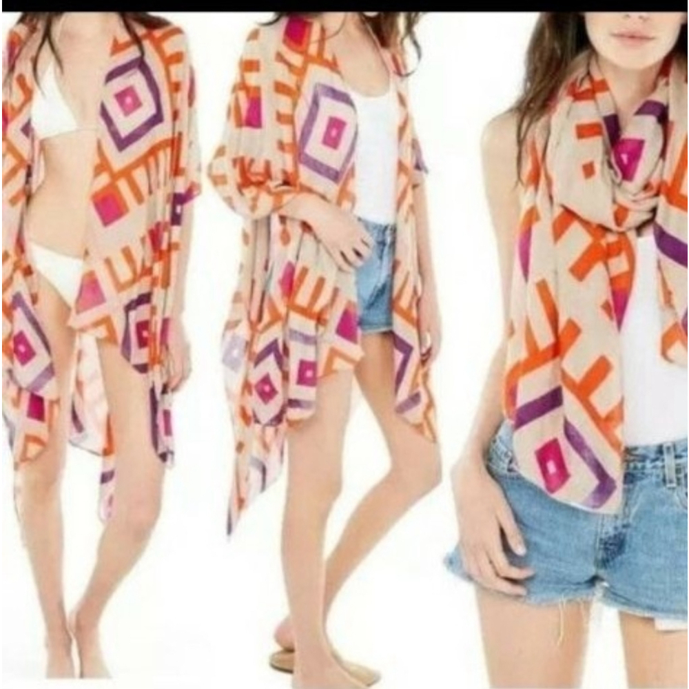Women's Michael Stars One Size Beige Orange Purple Geometric Summer Shawl Wrap